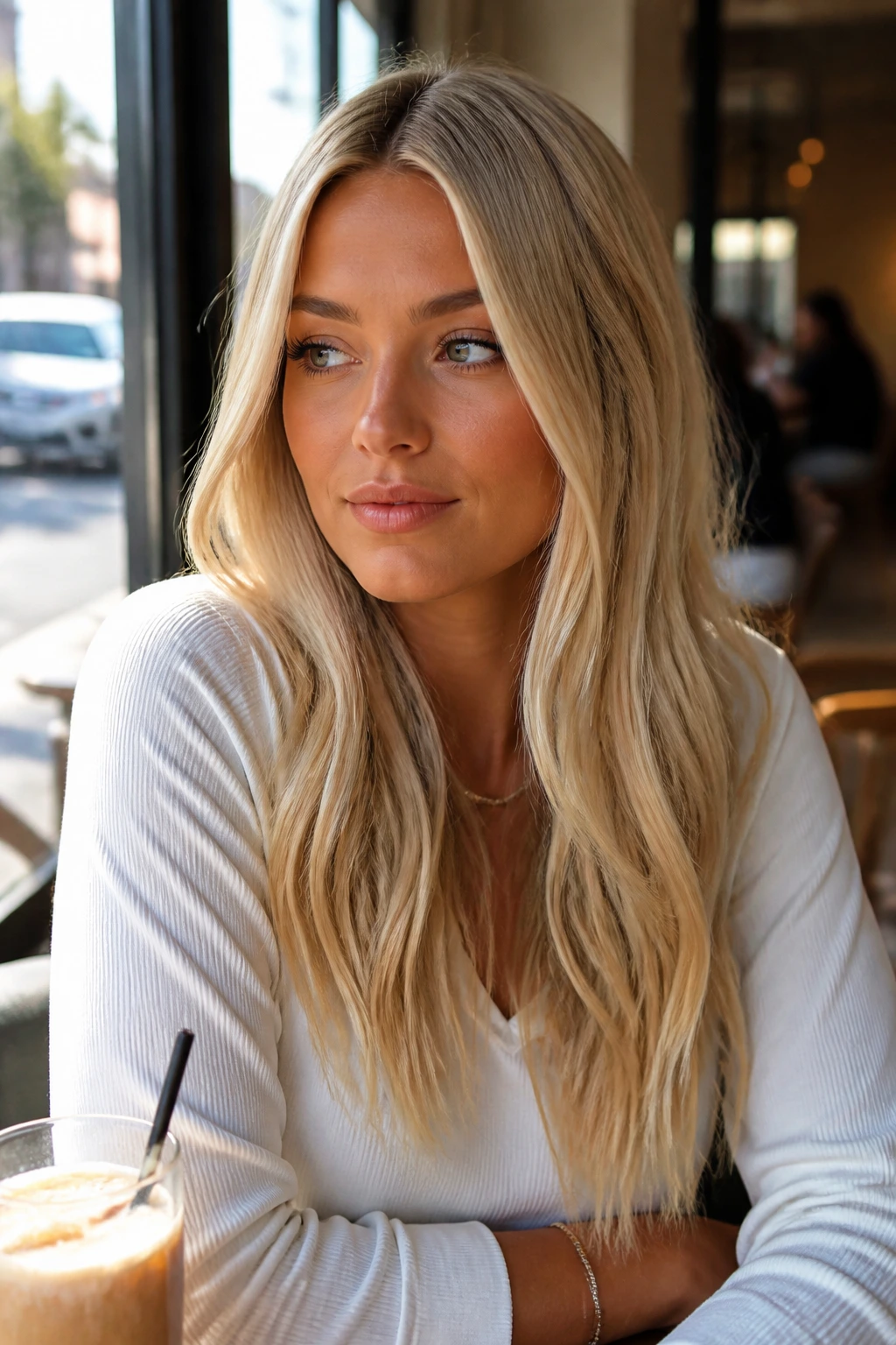 Portrait of a woman with center-parted cool blonde hair in a cafe