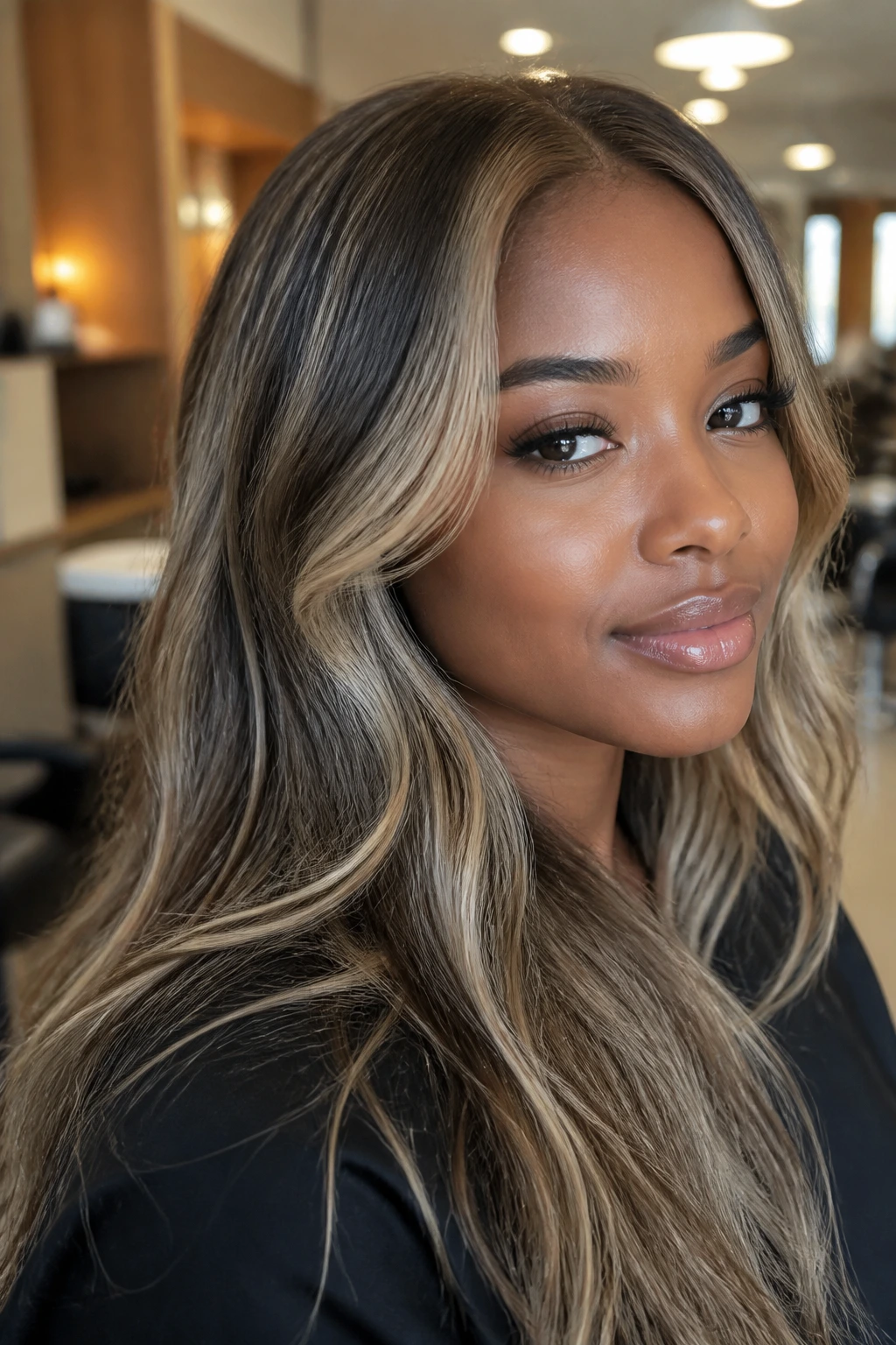 Close-up portrait of a real person showing a cool blonde finish with shadow root and beige gloss on deep skin