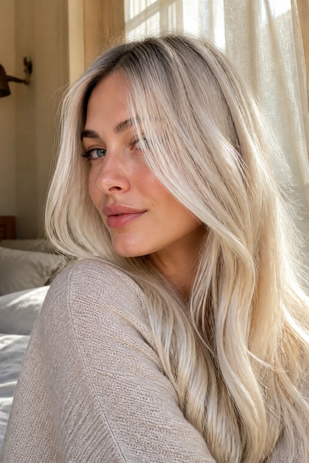 Close-up of a real person with icy platinum blonde hair in natural window light