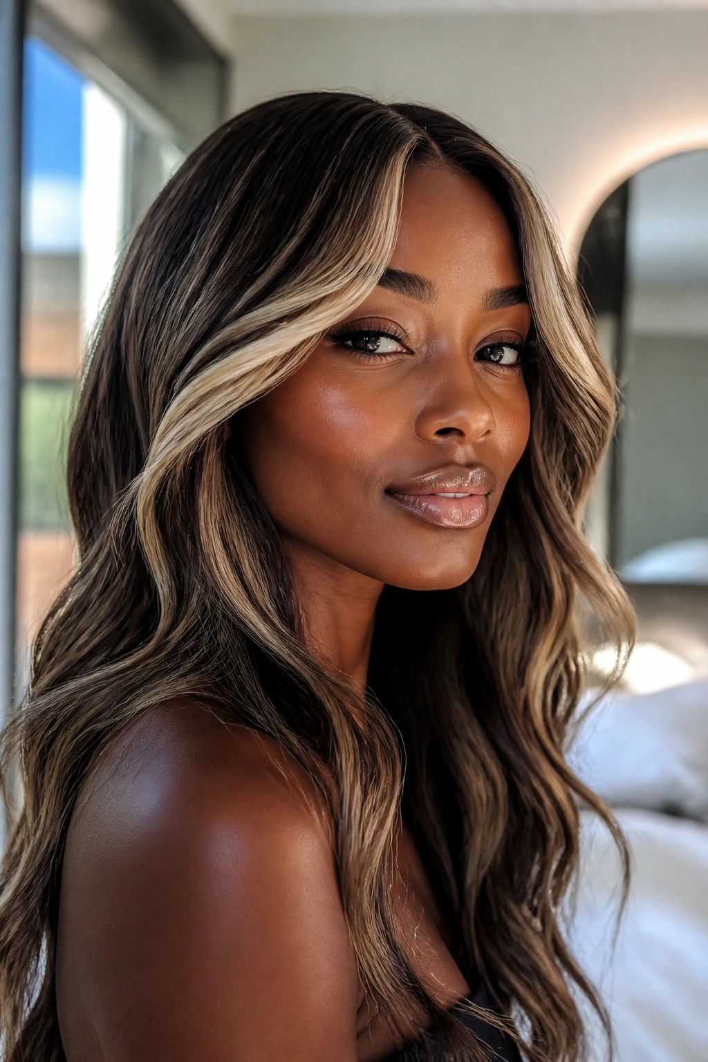 Close-up portrait of deep skin with cool-toned blonde highlights framing the cheekbones