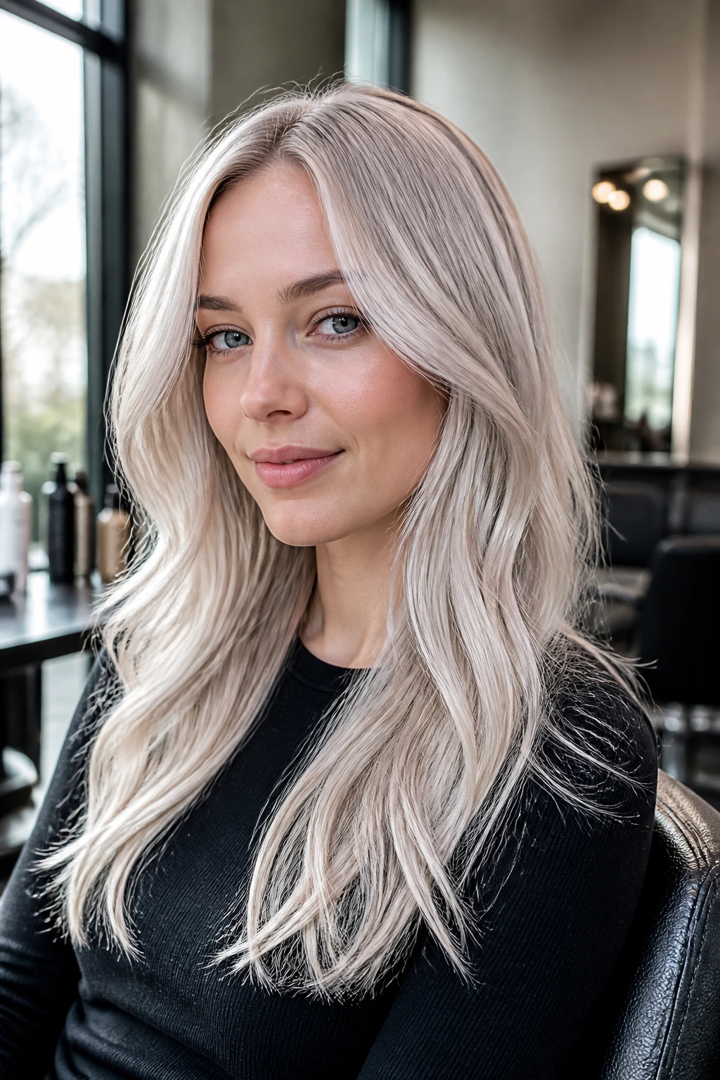 Close-up portrait of a woman with icy cool blonde hair in a salon chair
