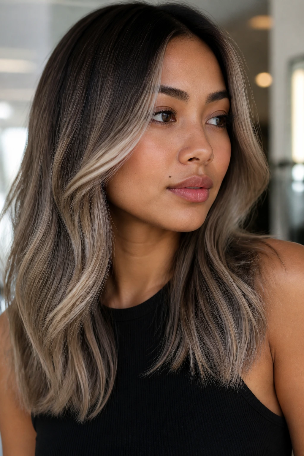 Portrait of a person with beige-ash mushroom blonde shade against warm skin tone
