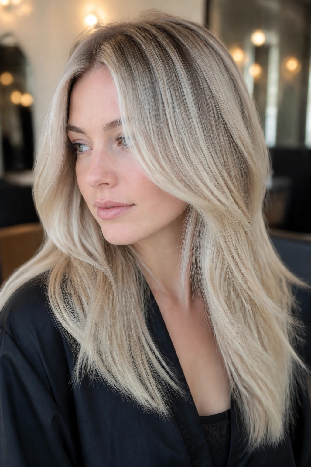 Close-up of cool fair-skinned woman with pearl and ash blonde tones in a salon