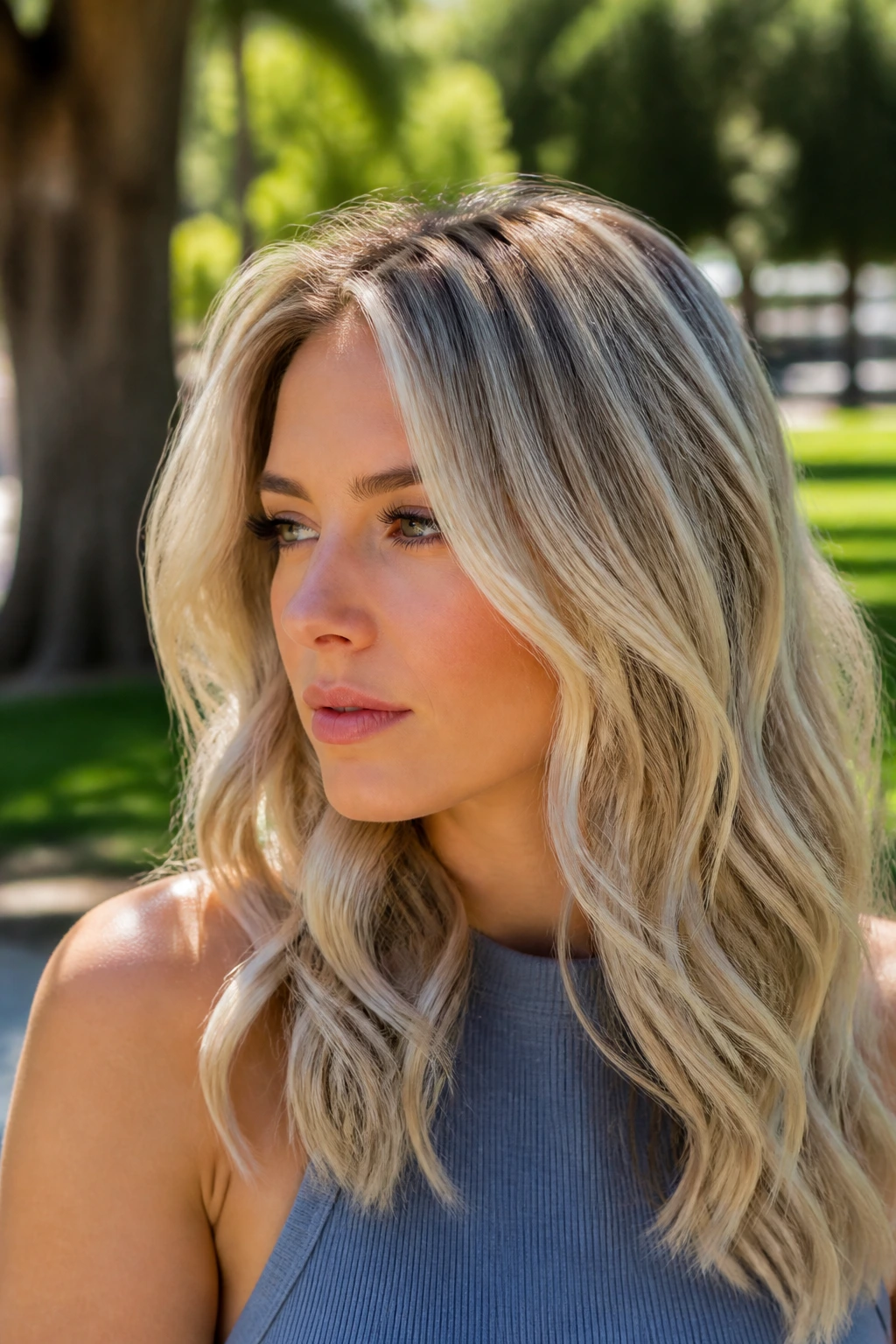 Portrait of a person with cool blonde hair under bright summer sun