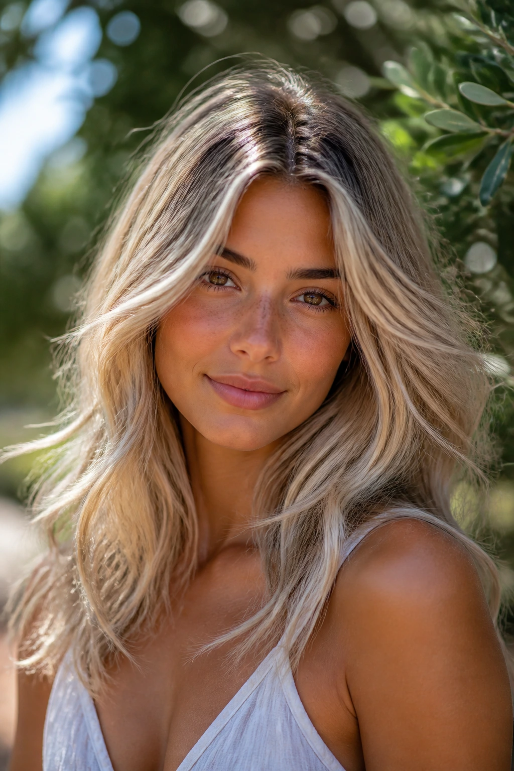 Portrait of a model with cool blonde hair and warm skin balance