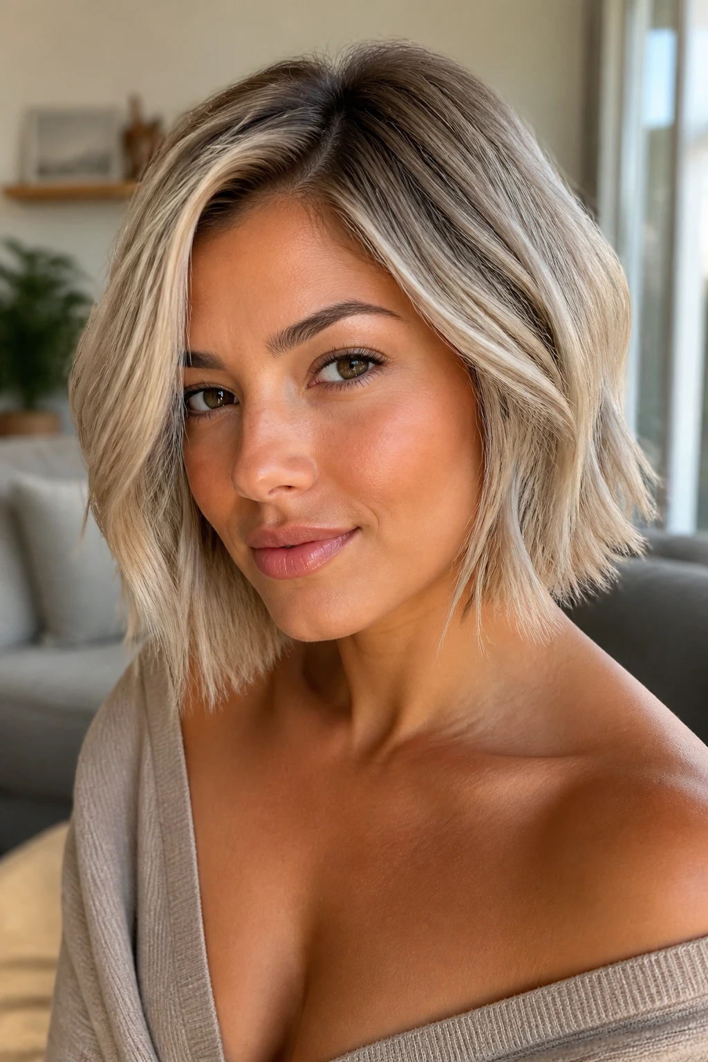 Close-up portrait of a woman with cool blonde hair and warm skin under soft window light