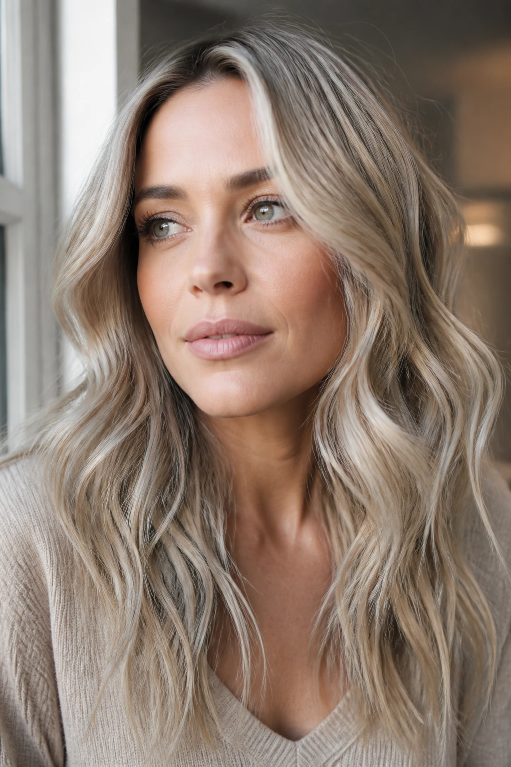Portrait of a woman with cool-toned blonde beach waves