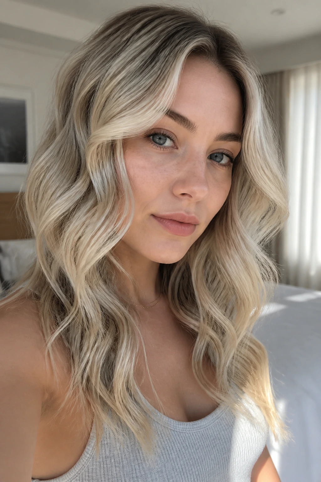 Close-up portrait of a real person with icy ash-blonde waves framing the face