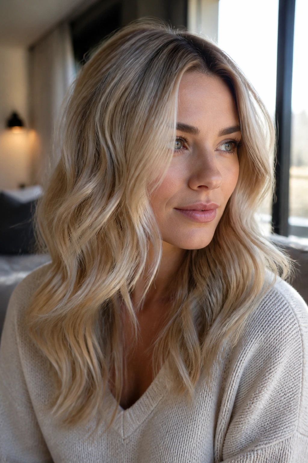 Close-up portrait of a real woman with subtle layered cool blonde waves