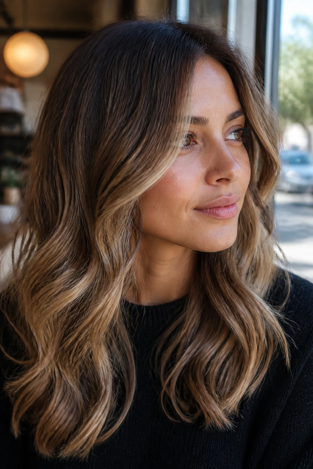 Close-up portrait of a real person with cool bronde and neutral caramel balayage in natural daylight