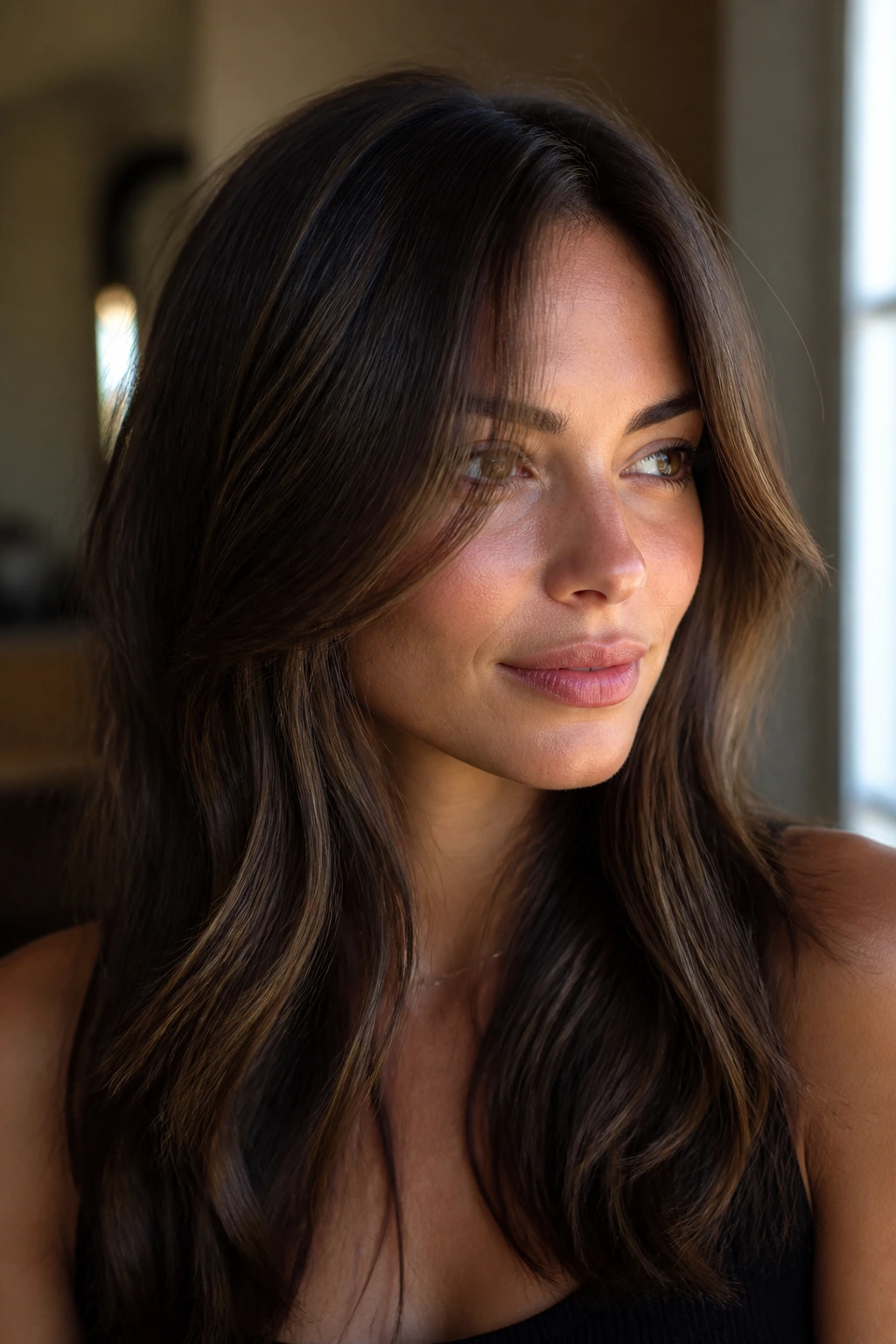 Close-up portrait of a person with cool-toned brown bronze highlights around the face