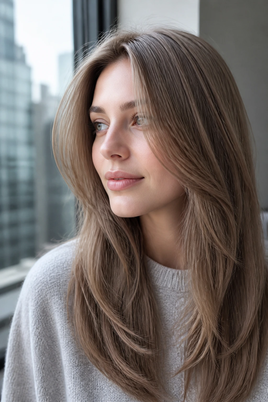 Close-up of woman with cool-toned light brown hair that stays clean in daylight