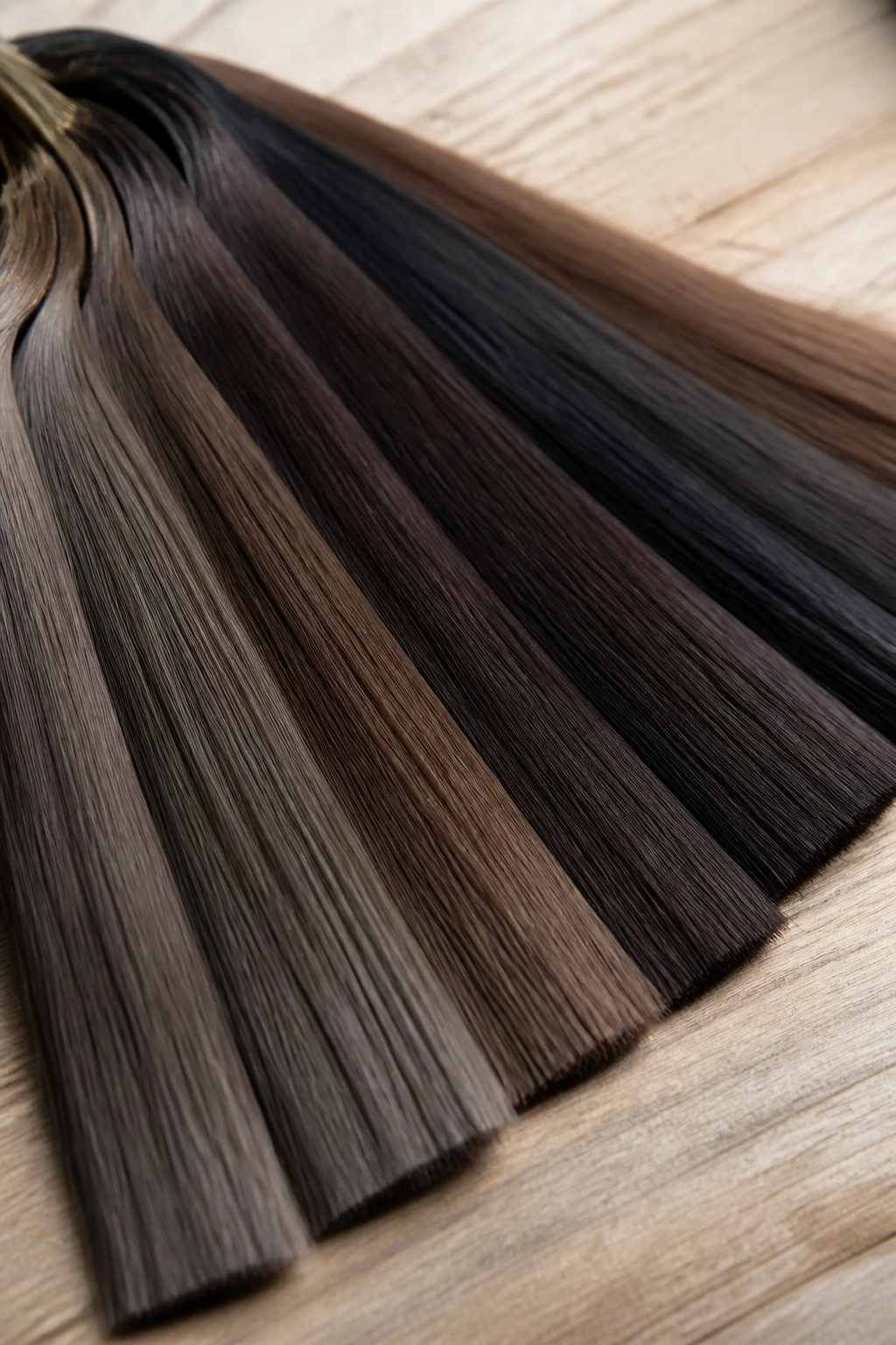 Close-up of cool brown hair color swatches for shade choosing