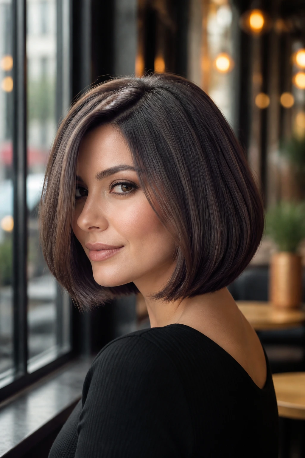 Portrait of a woman with a cool ash brown bob, head-and-shoulders