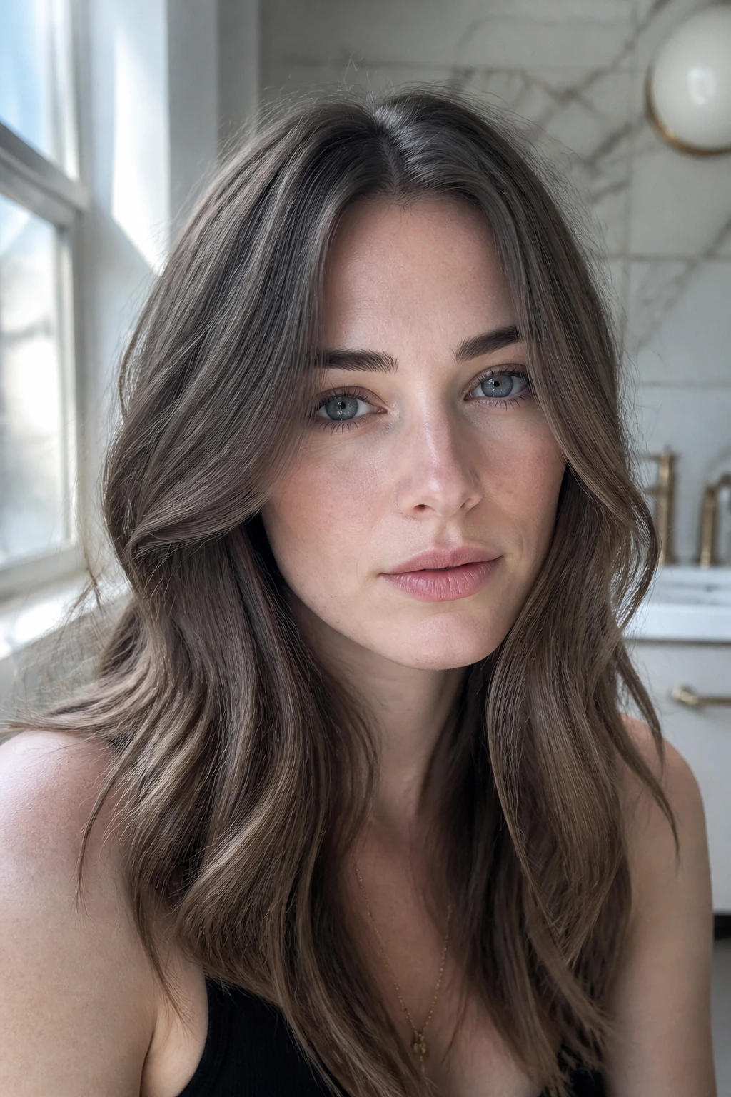 Close-up portrait of a model with cool-toned skin and ash-brunette hair in daylight