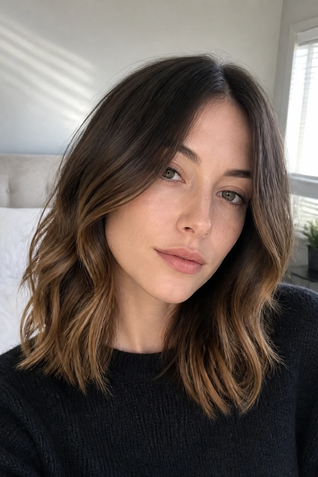 Close-up of a real woman with cool brunette base and warm honey ends