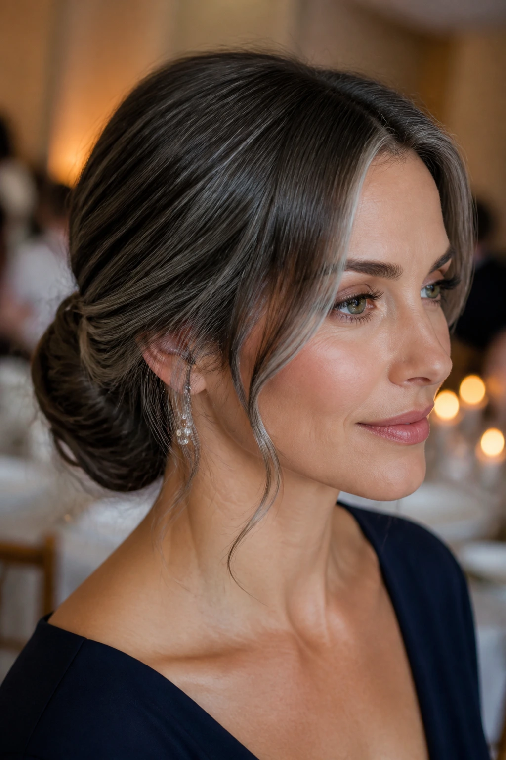 Portrait of cool brunette low bun with gray tendrils