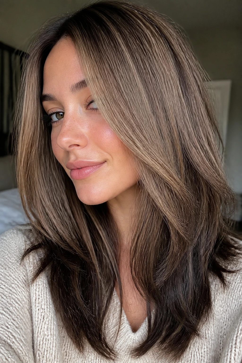 Close-up of hair with cool cacao ends and bright mid-lengths on a real person