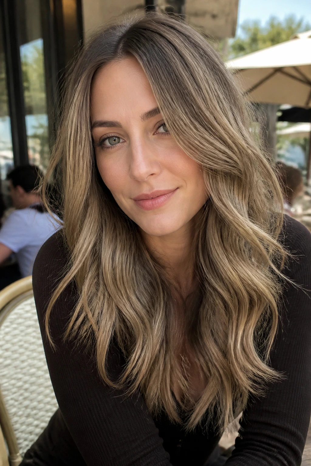 Close-up of hair with cool beige-ash-mushroom caramel tones in natural light