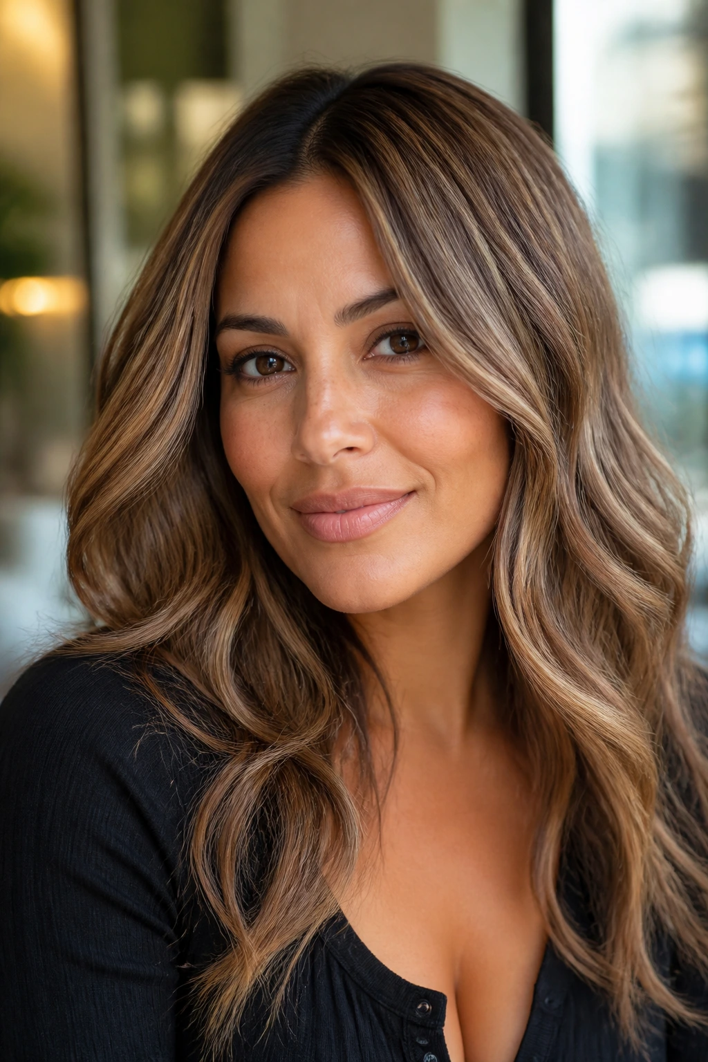 Close-up portrait of a real woman with cool caramel ash hair on medium skin, soft natural light