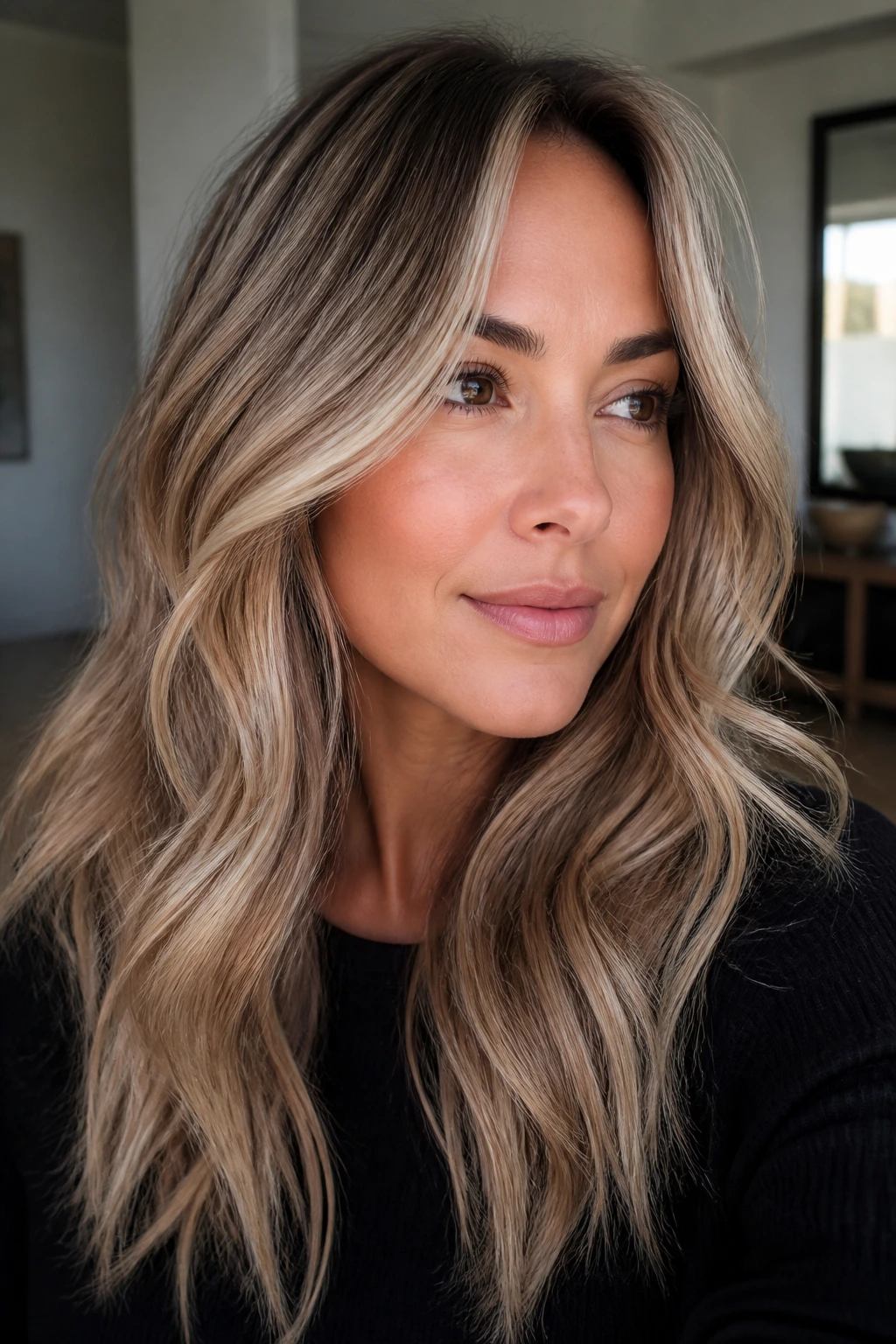 Woman with cooler caramel blend and face-framing highlights