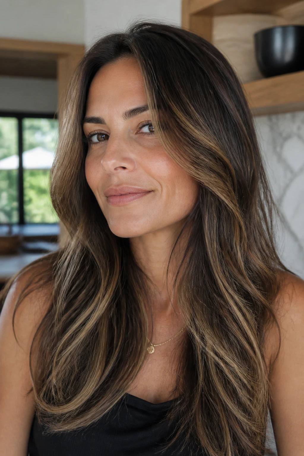 Real brunette with cool-balanced caramel highlights beige-gold tone