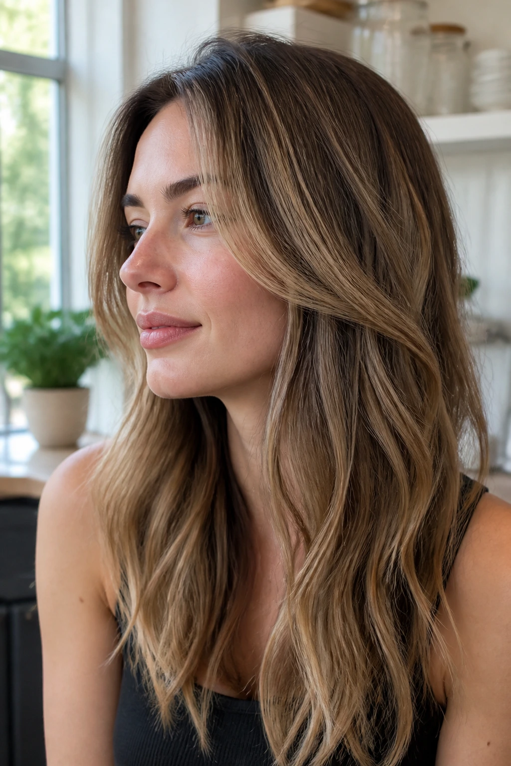 Close-up of cool caramel lowlights on fair skin with beige-tinted caramel