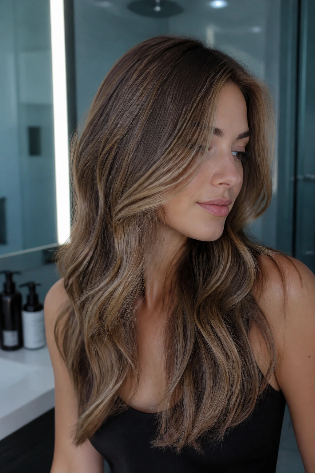 Portrait of a woman with cool-toned caramel hair in a modern bathroom setting
