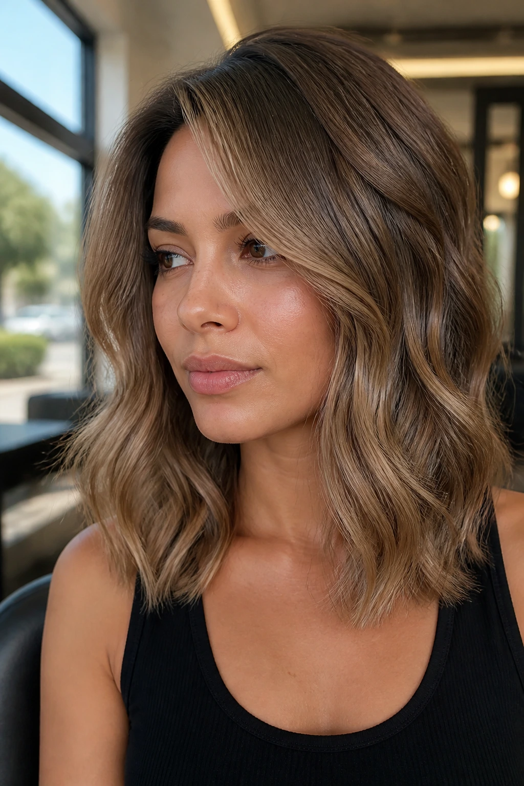 Close-up of a real woman with cool caramel melt hair and soft layers