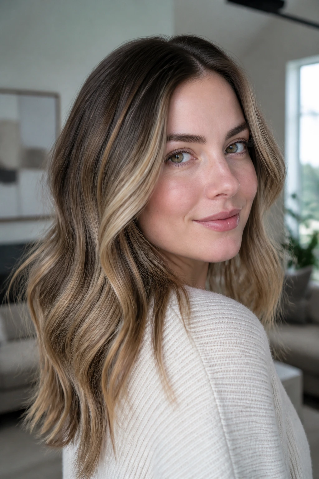 Portrait of a real woman with cool beige caramel hair color and soft root shadow