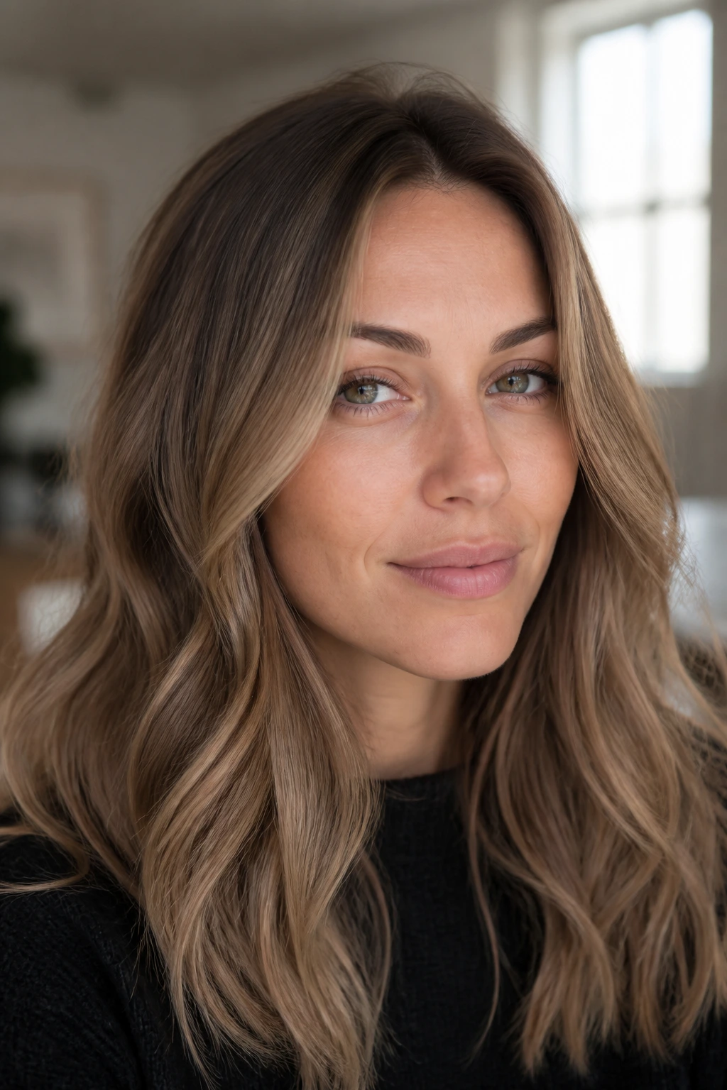 Close-up portrait of a person with cool beige-ash-taupe caramel hair