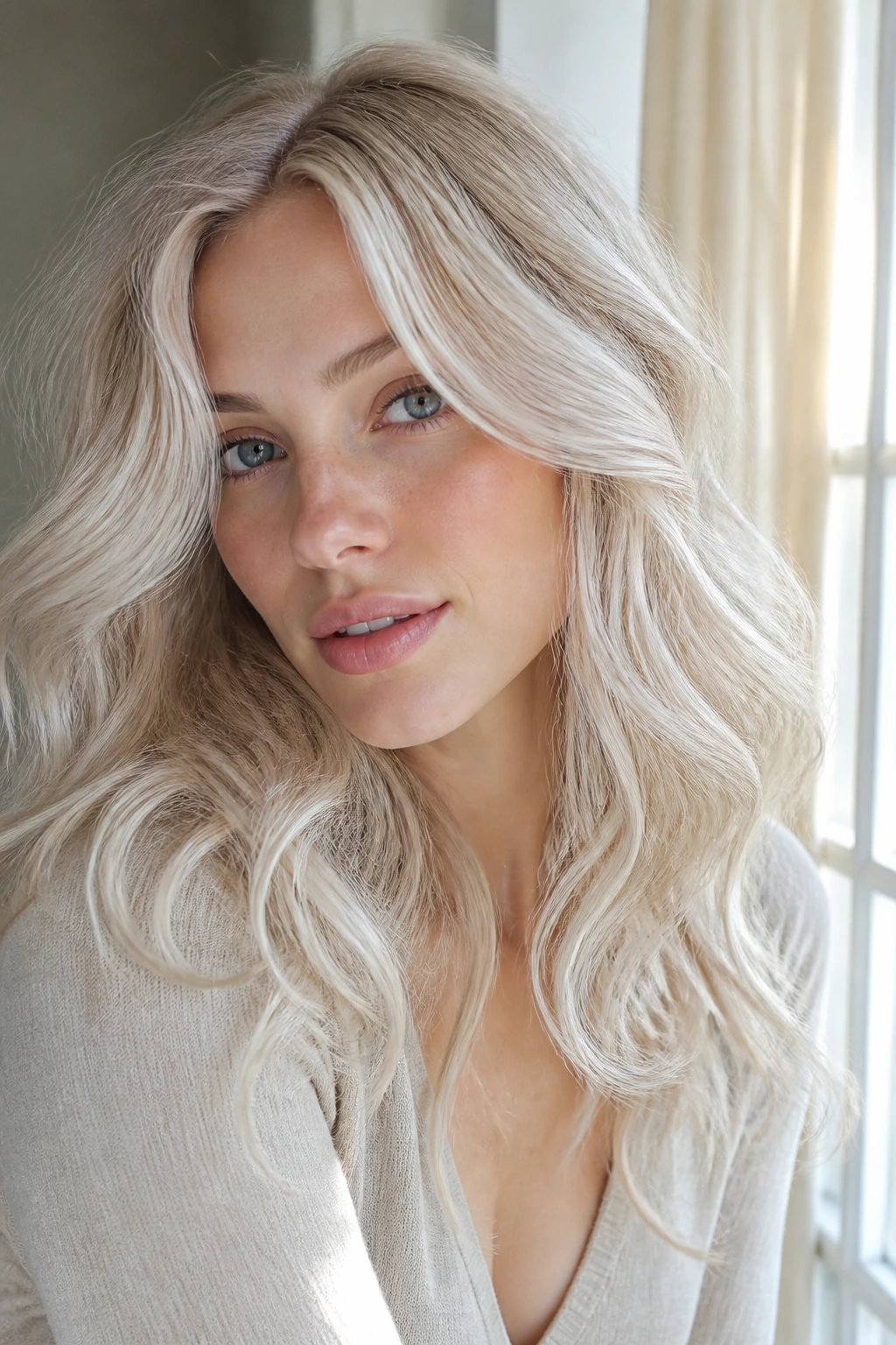 Close-up of a real woman with Cool Champagne Arctic Blonde loose curls