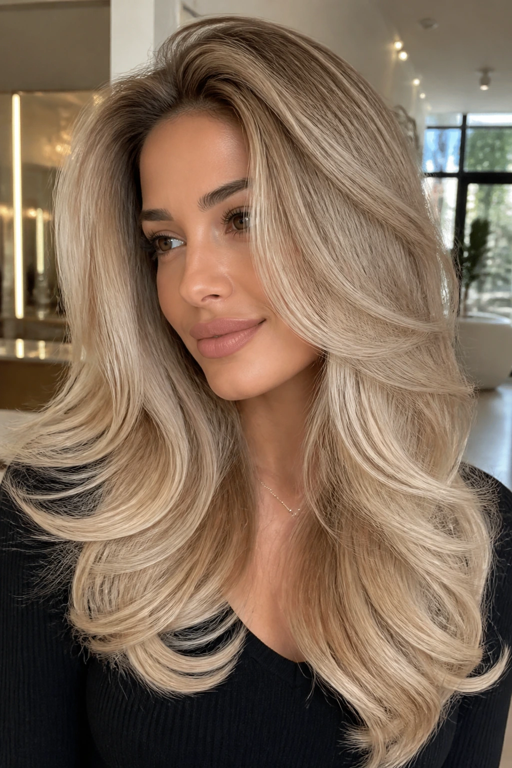 Close-up of a real woman with cool champagne blonde blowout