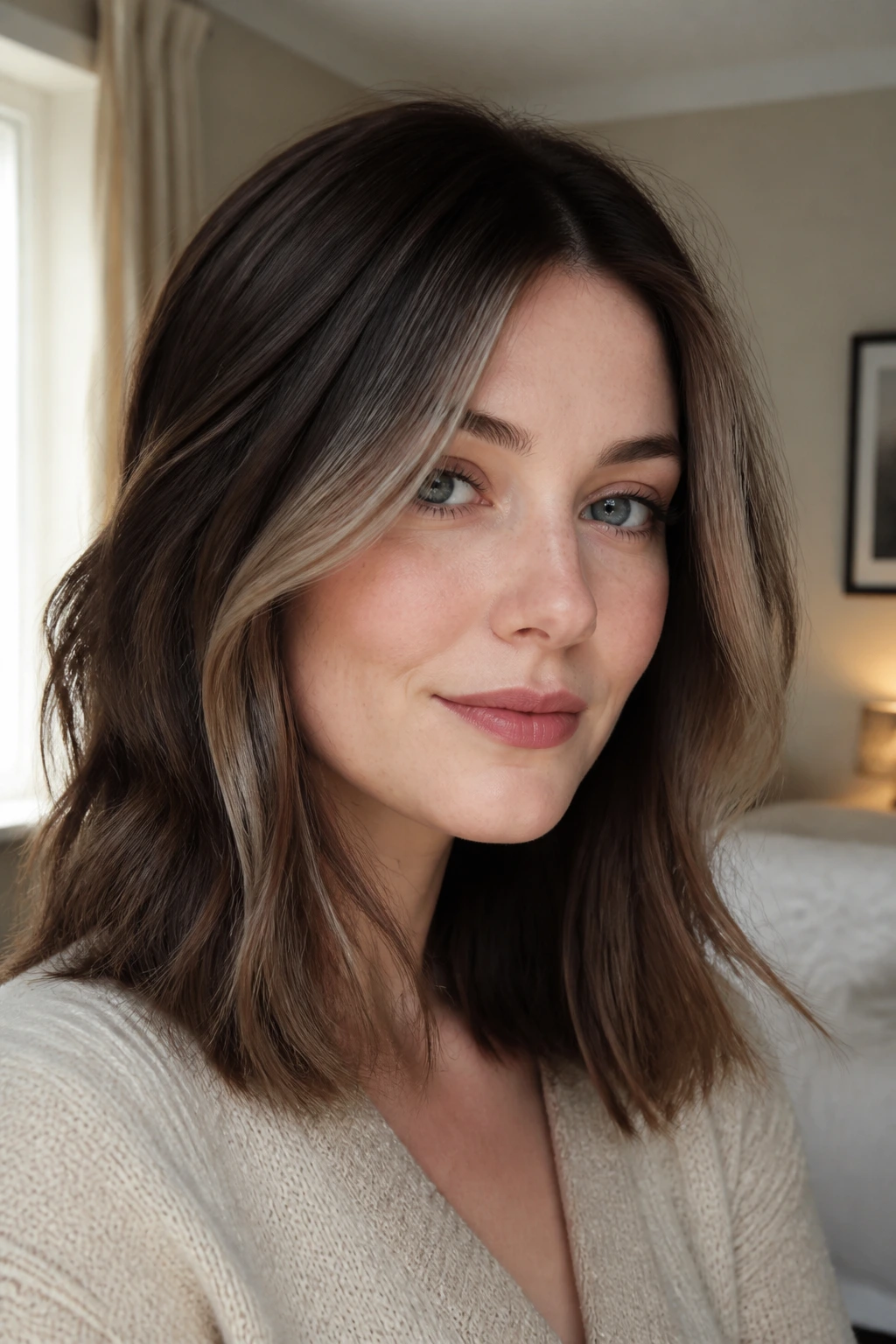 Close-up portrait of a woman with cool chestnut hair and ash face-framing pieces