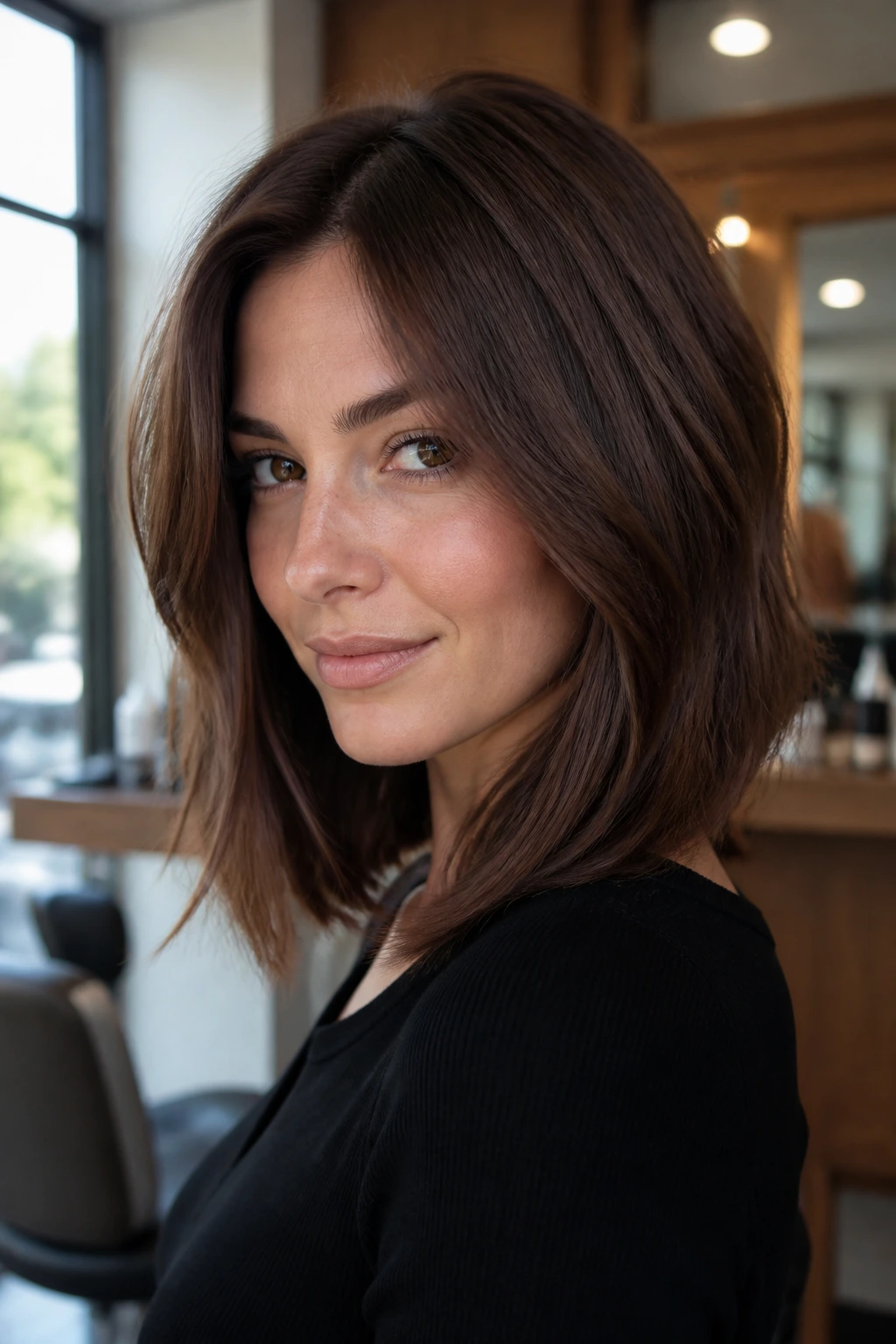 Close-up portrait of a real woman with cool chestnut brown hair and ash glaze.