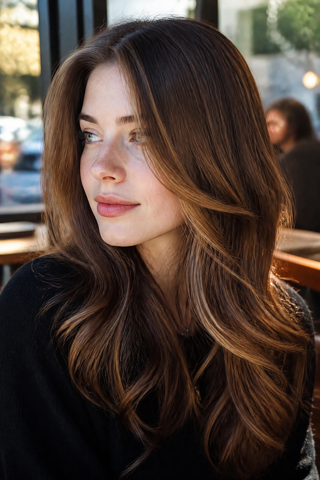 Close-up of a woman with cool chestnut caramel and toffee highlights throughout the hair