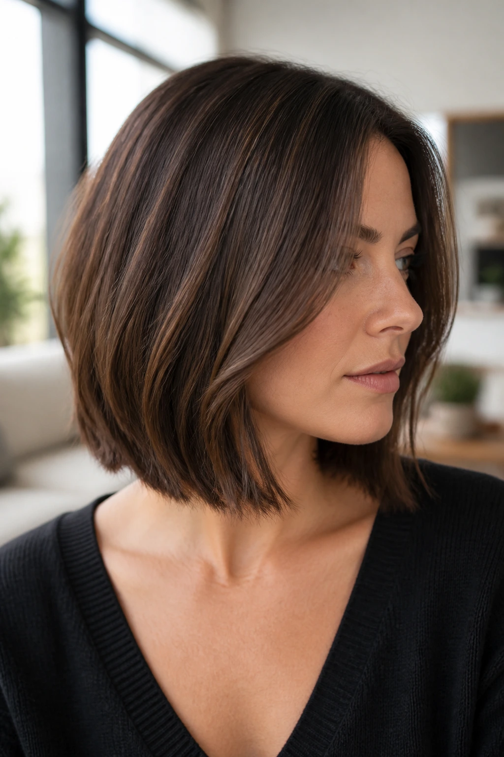 Close-up of a real woman with a shoulder-length brunette bob in cool chestnut depth under natural light