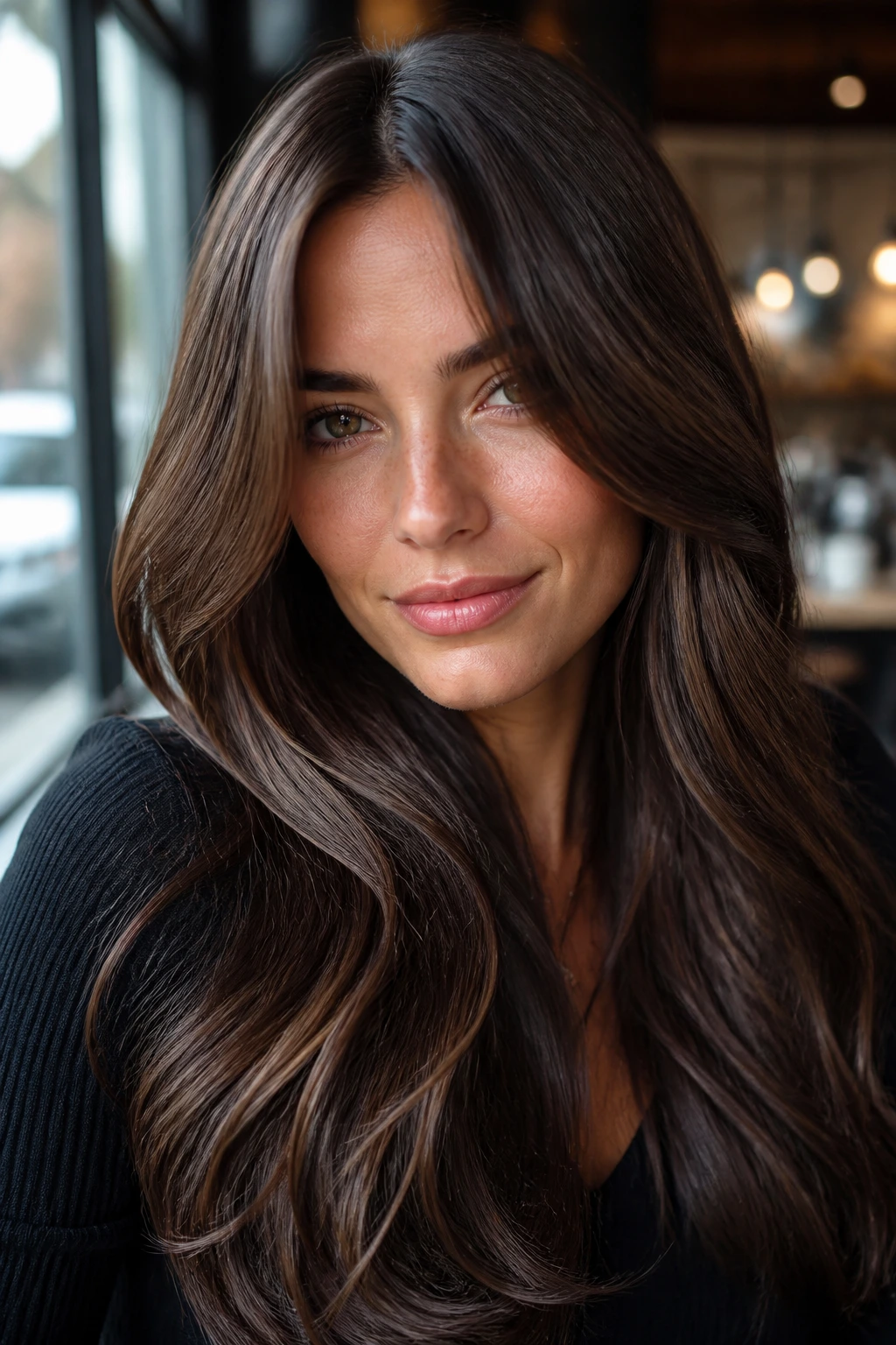 Close-up of brunette with cool ash-infused chestnut gloss