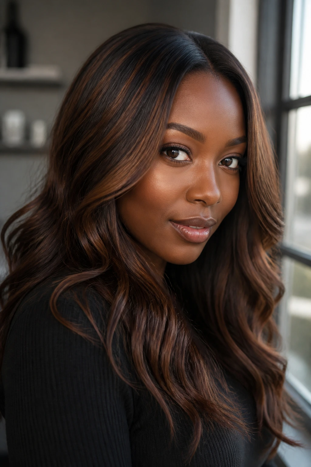 Close-up of a real person with cool chestnut brown highlights on hair with neutral undertones, natural window light
