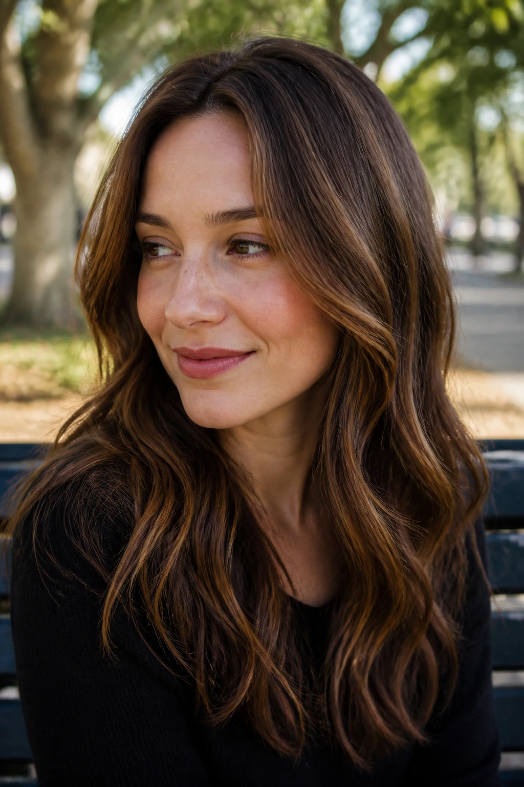 Close-up portrait of a woman with cool cinnamon ribbon highlights in brunette base