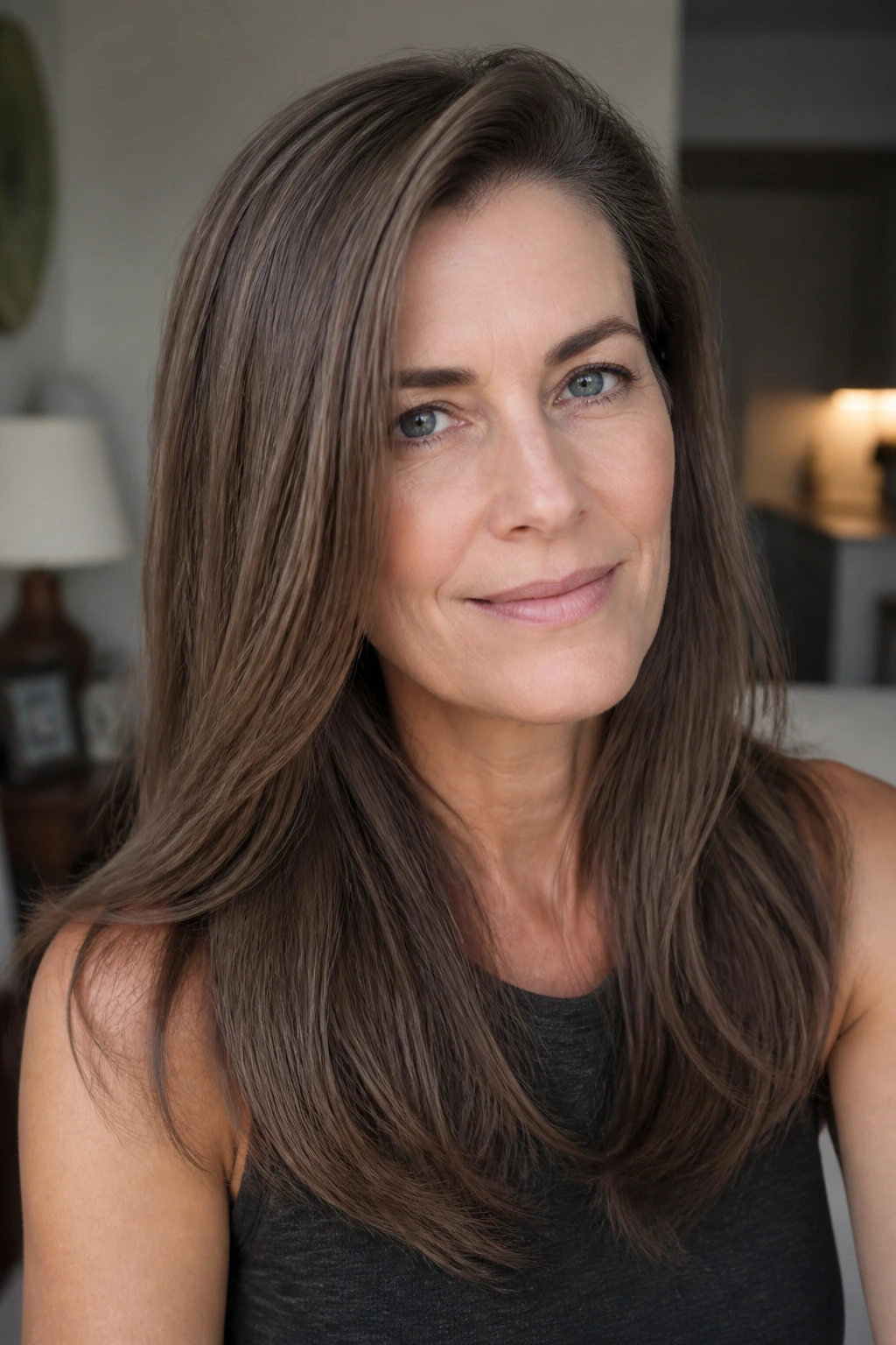 Close-up of a real woman with cool cocoa all-over color from roots to ends under natural daylight