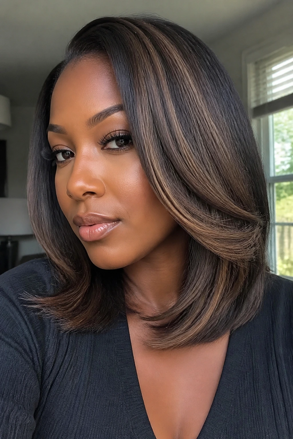 Close-up of cool cocoa hair with ash caramel ribbons on a real person