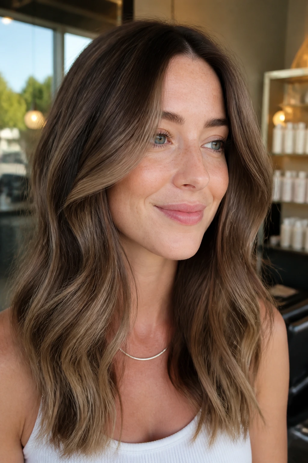 Close-up portrait of a real woman with cool cocoa balayage framing the face in a salon.