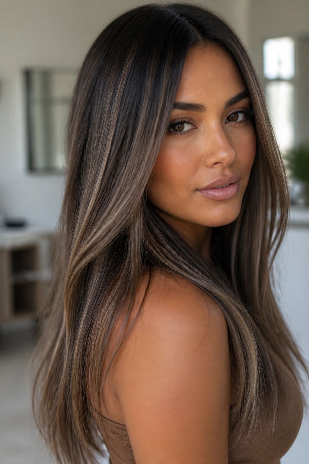 Close-up of a real woman with cool cocoa and beige brown balayage