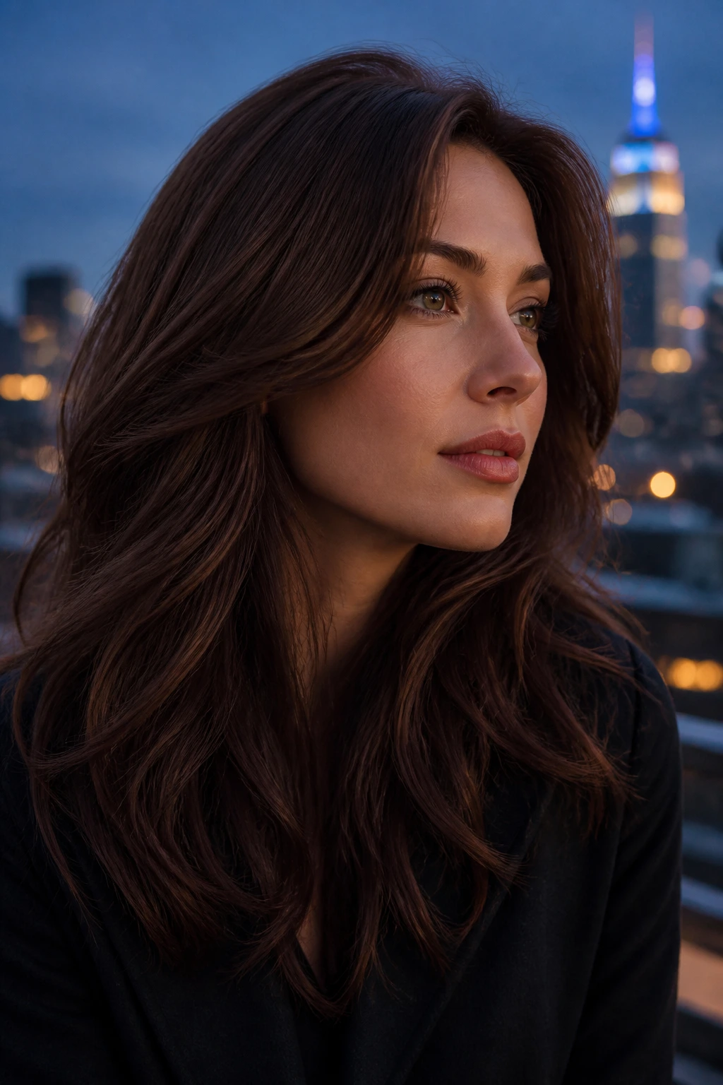 Close-up portrait of a real woman with cool cocoa brown hair.
