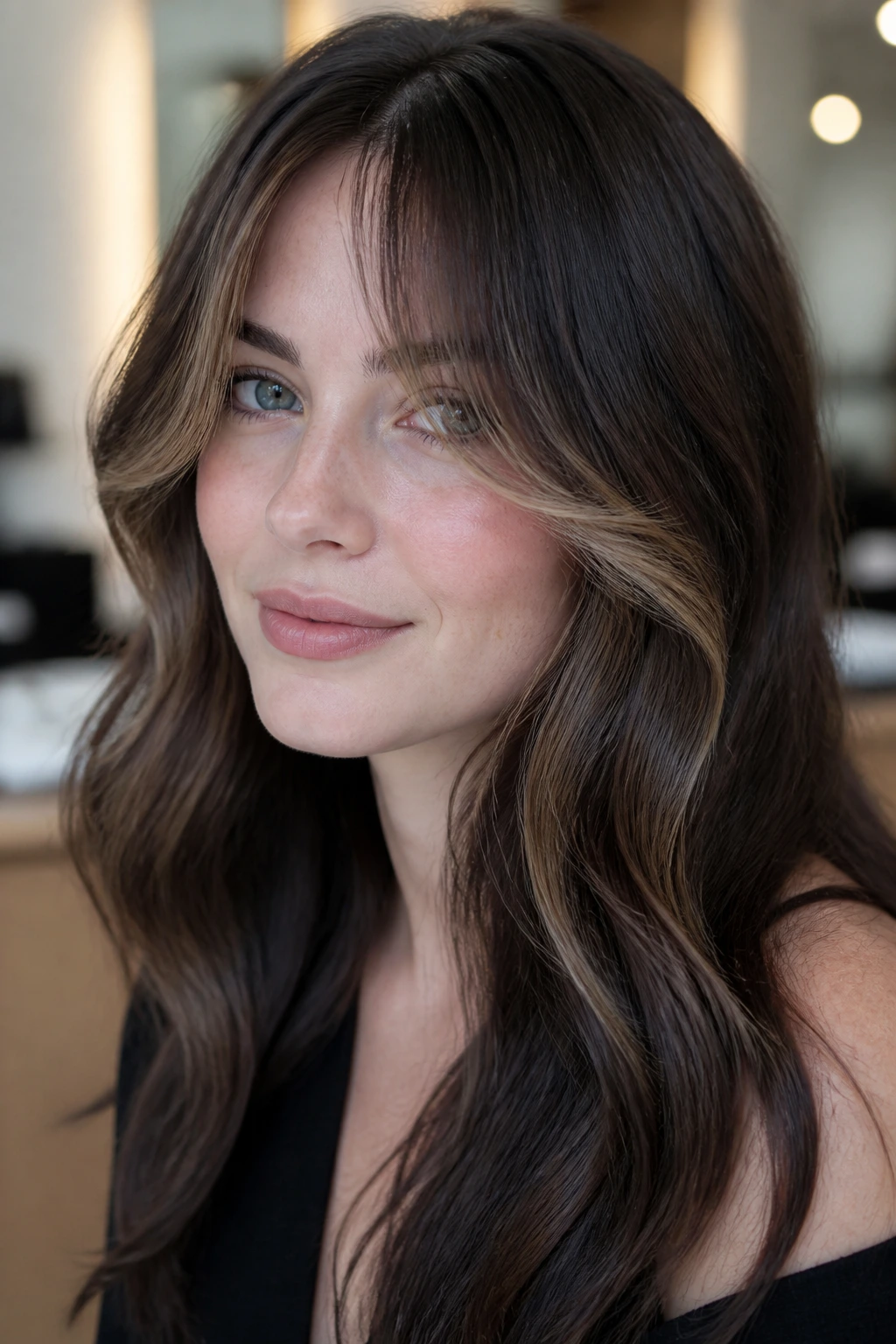Close-up of a real woman with cool cocoa brunette and champagne caramel highlights near curtain bangs