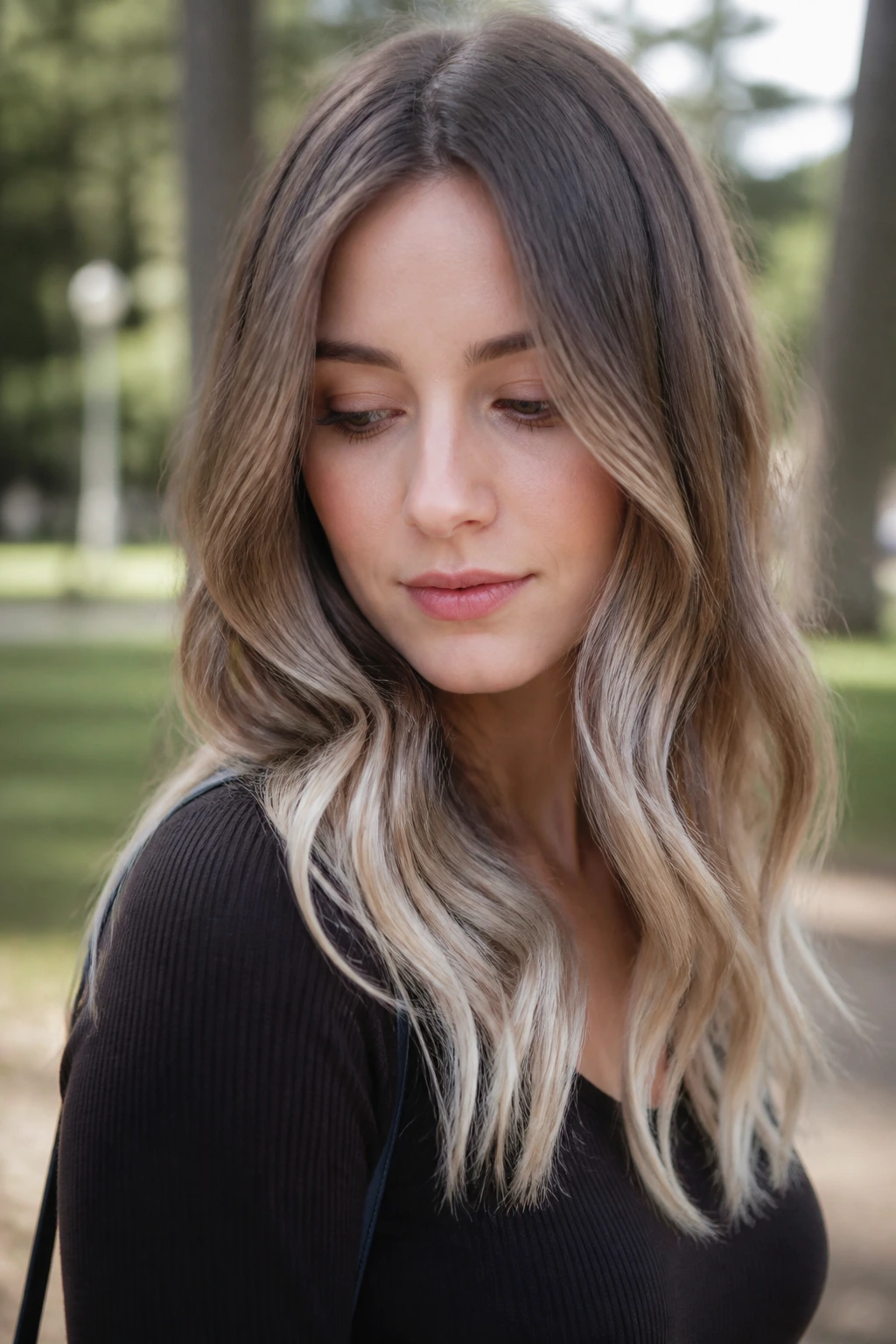 Portrait of a woman with cool cocoa roots and pearl ends, natural lighting.