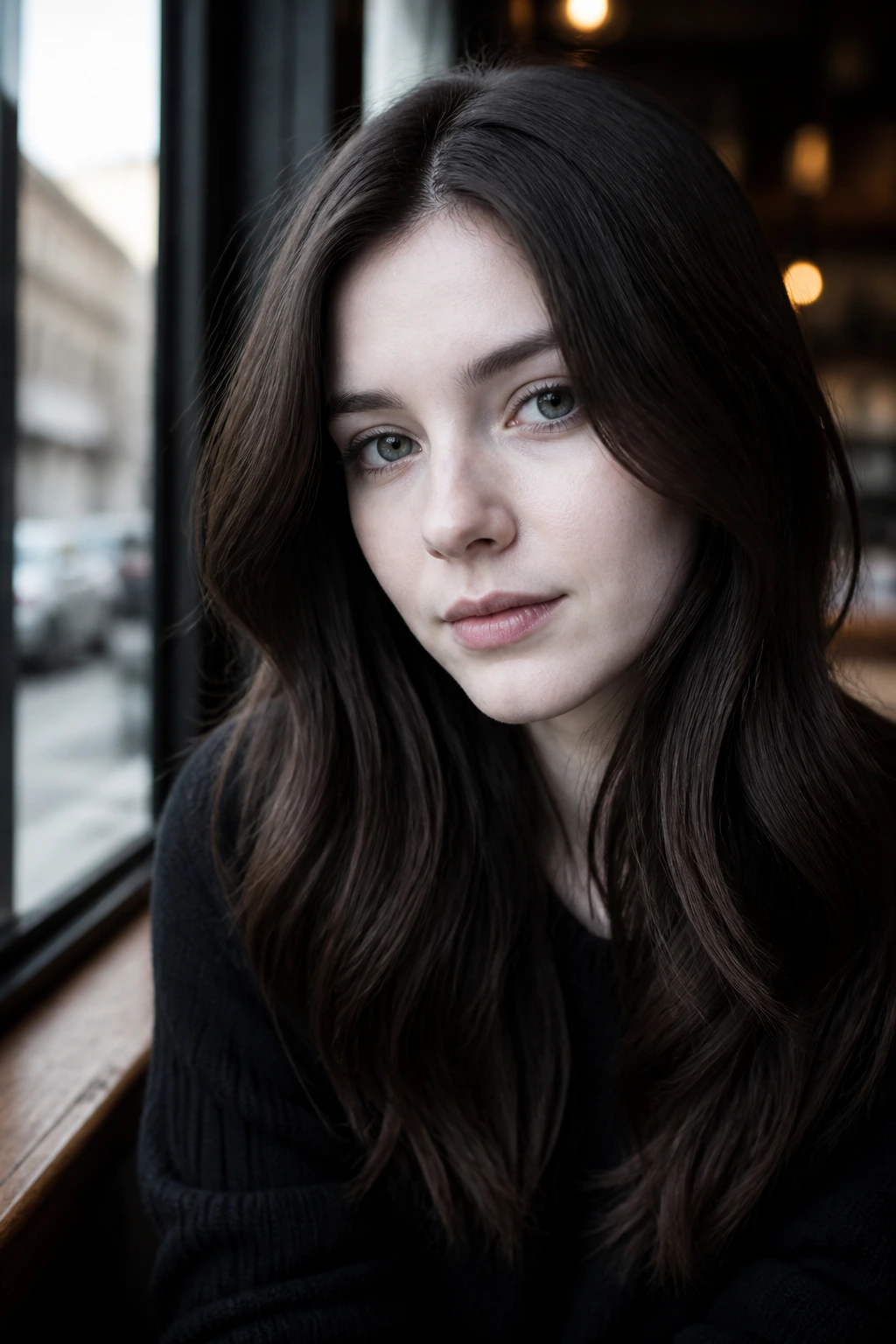 Portrait of person with cool cocoa hair and pale skin at a cafe window