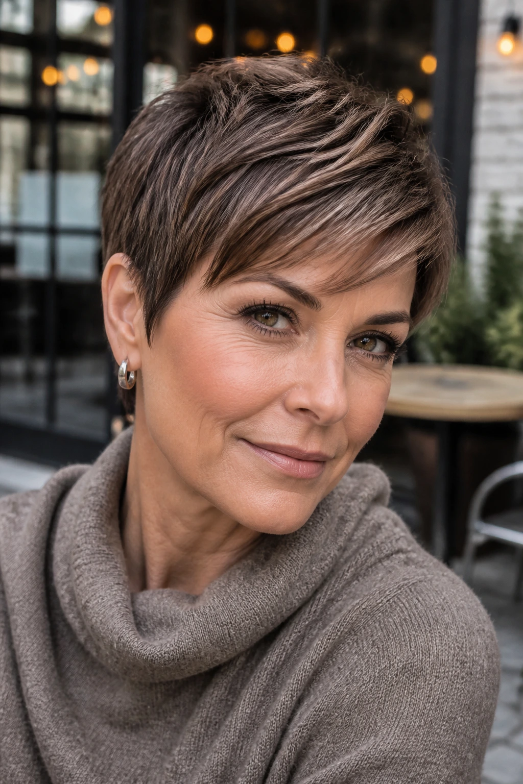 Close-up of a real woman with a cool cocoa pixie and micro-lowlights