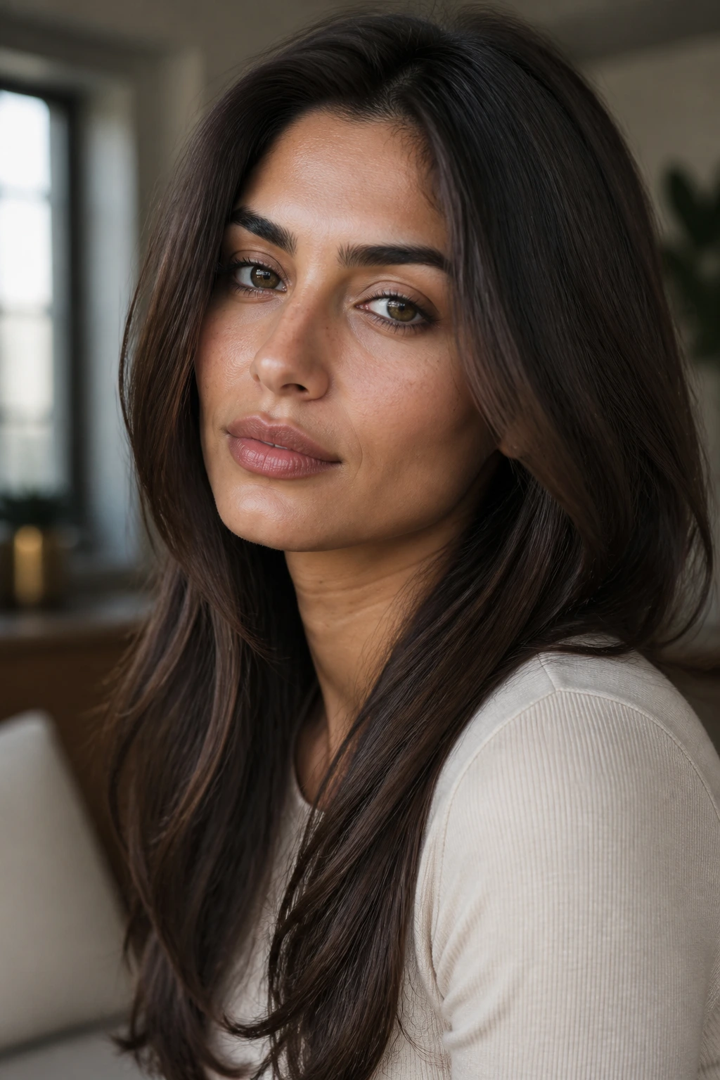 Close-up portrait of real woman with cool coffee brunette hair and olive skin